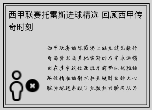 西甲联赛托雷斯进球精选 回顾西甲传奇时刻