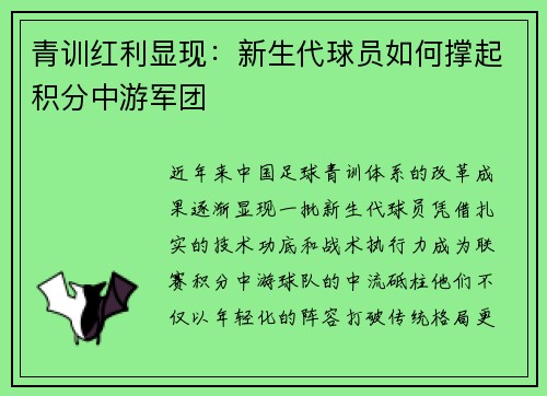青训红利显现：新生代球员如何撑起积分中游军团