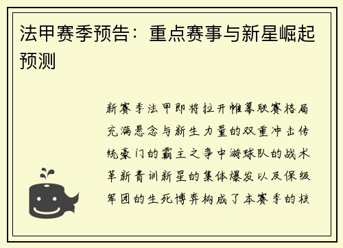 法甲赛季预告：重点赛事与新星崛起预测